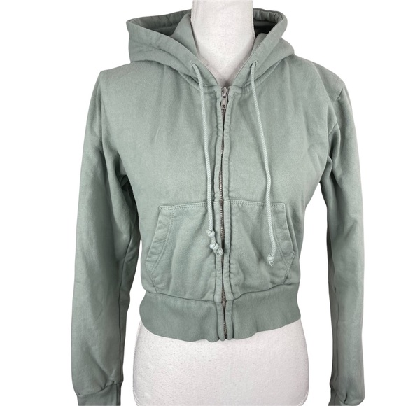 John Galt California Brandy Melville Sage Green Cropped Zip Front Hoodie Pockets - Picture 2 of 9